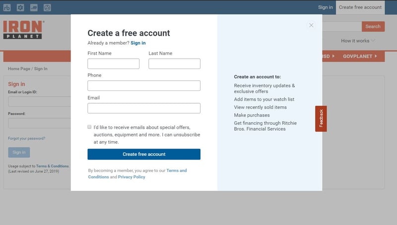 Create an IronPlanet free account